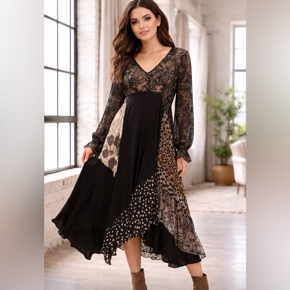 Elegant Black and Patterned Women's Dress